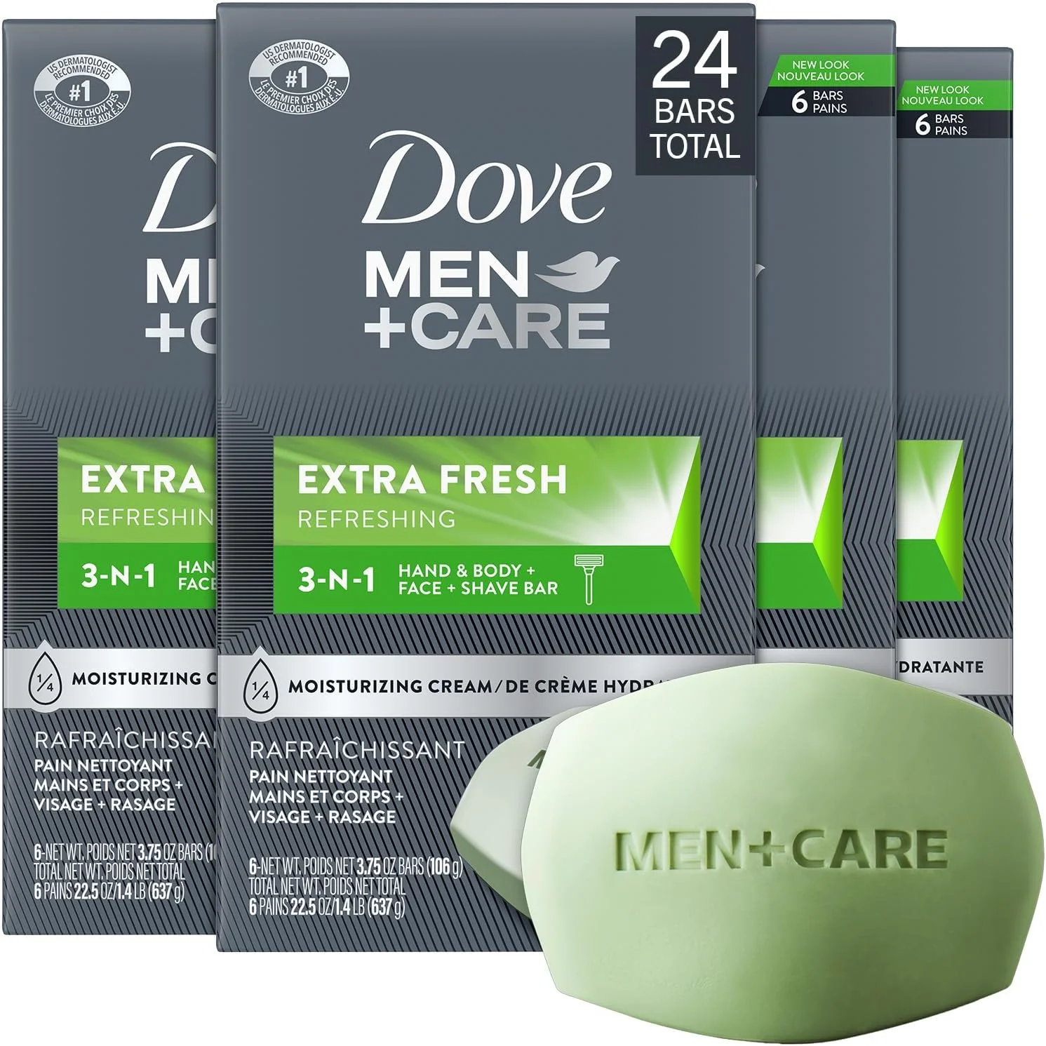 داو من+کر صابون پاک کننده 3 در 1 برای بدن، صورت و اصلاح، برای تمیز کردن و آبرسانی پوست، طراوت بخش اضافی، پاک کننده بدن و صورت، مرطوب کننده بیشتر از صابون معمولی، 106 گرم، 24 عدد