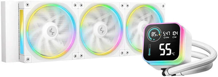 خنک کننده مایع پردازنده دیپ کول LQ360 AIO، نمایشگر LCD، رادیاتور 360 میلی‌متری، سرعت فن 2400 دور در دقیقه، جریان هوای فن 72.04 CFM، نوع بلبرینگ هیدرودینامیکی، فناوری ضد نشت، سفید | R-LQ360-WHDSMC-G-1