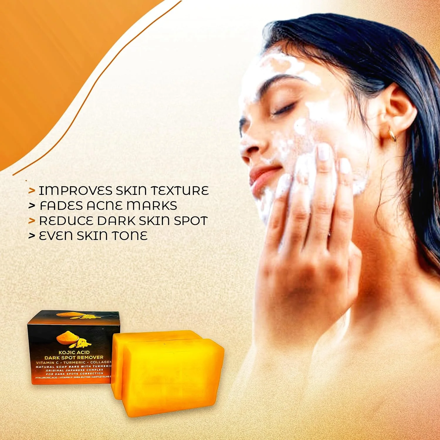 صابون های روشن کننده پوست حاوی کوجیک اسید، ویتامین C، رتینول، کلاژن و زردچوبه - فرمولاسیون اصلی ژاپنی غنی شده با هیالورونیک اسید، ویتامین E، شی باتر و روغن زیتون کاستیل (2 عدد)