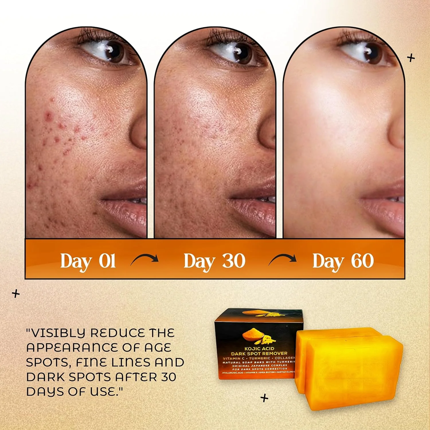 صابون های روشن کننده پوست حاوی کوجیک اسید، ویتامین C، رتینول، کلاژن و زردچوبه - فرمولاسیون اصلی ژاپنی غنی شده با هیالورونیک اسید، ویتامین E، شی باتر و روغن زیتون کاستیل (2 عدد)