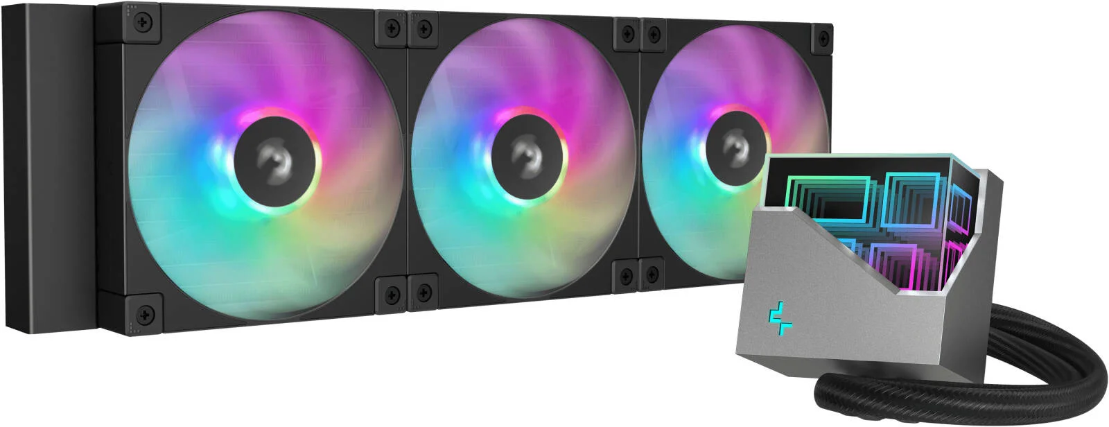 خنک کننده مایع پردازنده دیپ کول LT360 ARGB، رادیاتور 360 میلی متری، 3 عدد فن FD12 ARGB، سرعت فن 2400 دور در دقیقه، جریان هوای 72.04 CFM، نوع بلبرینگ هیدرولیک، فناوری ضد نشت، مشکی | R-LT360-BKAMNC-G-1