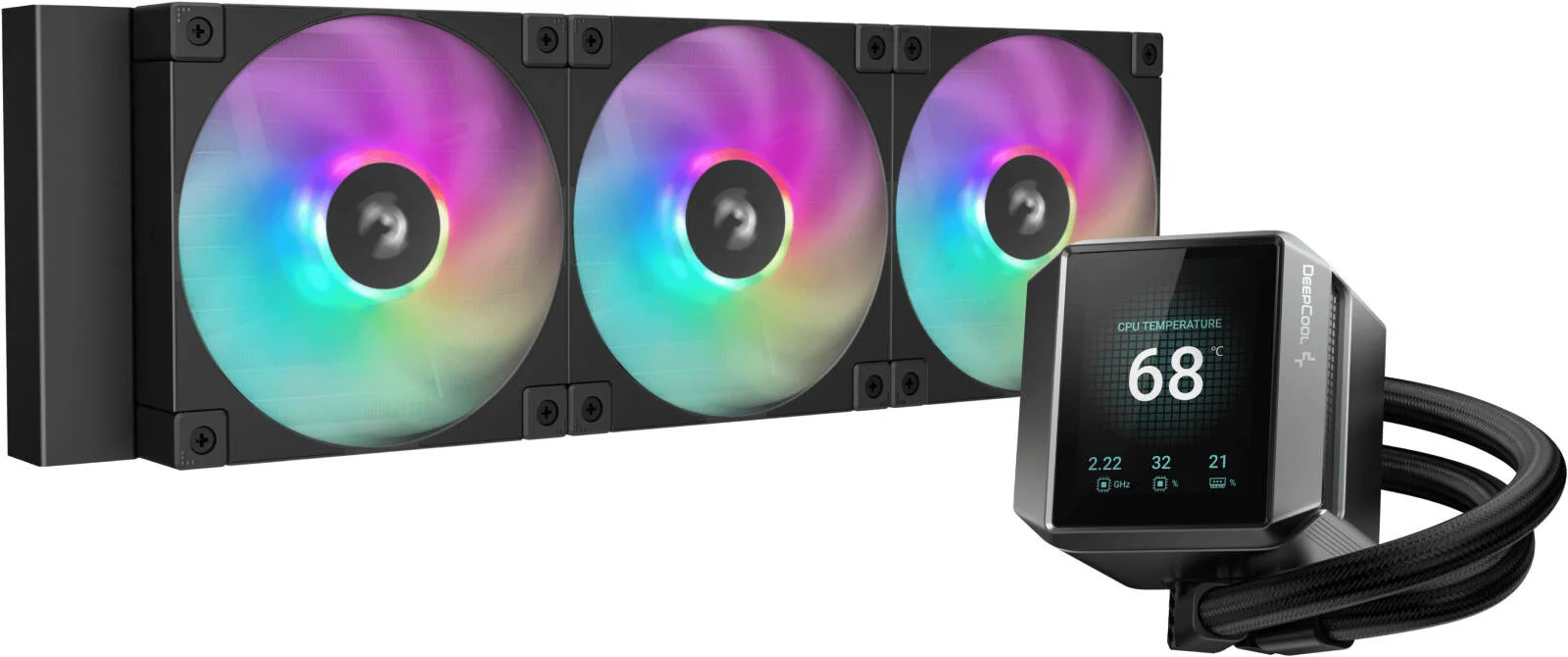 خنک کننده مایع پردازنده دیپ کول مدل Mystique 360 ARGB، دارای صفحه نمایش 2.83 اینچی TFT LCD، رادیاتور 360 میلی متری، اندازه فن 120 میلی متری، سرعت فن 2400 دور در دقیقه، جریان هوای 72.04 CFM، نوع بلبرینگ هیدرو، مشکی | R-LX750-BKADSNC-G-1