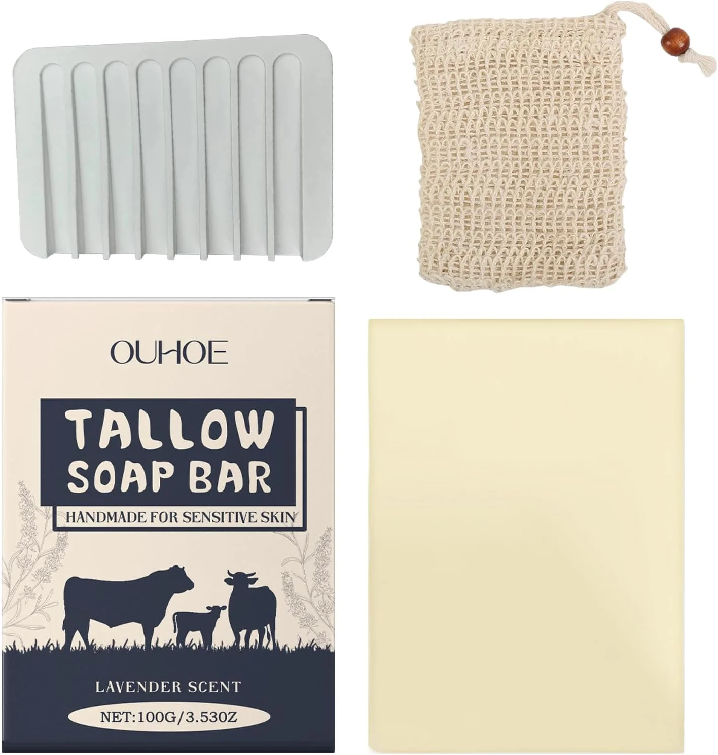 صابون روغن حیوانی تغذیه شده با علف به همراه جعبه صابون و تور کف ساز - صابون ملایم صورت و بدن با مواد گیاهی