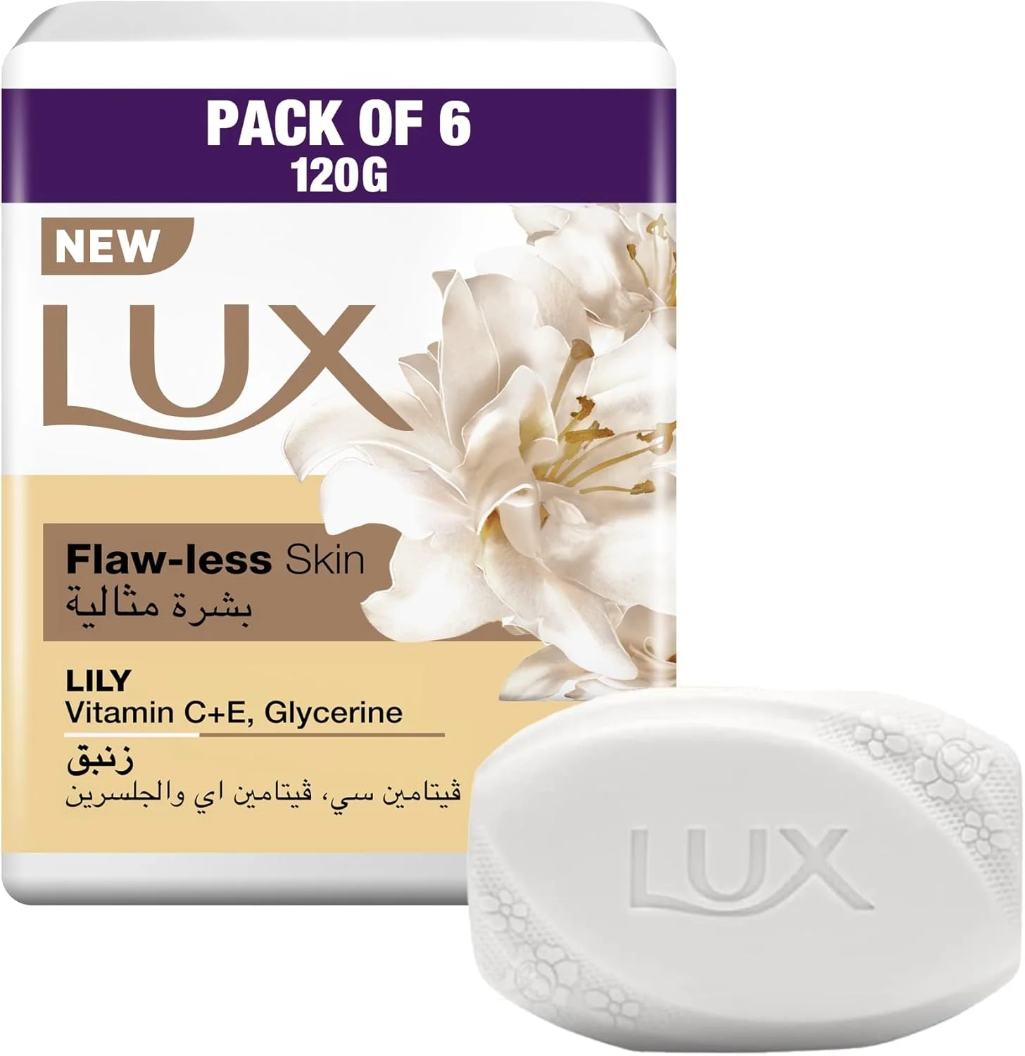 صابون لوکس، برای پوستی بی عیب و نقص، با رایحه گل سوسن، حاوی ویتامین C، E و گلیسیرین، 120 گرمی (بسته 6 عددی)
