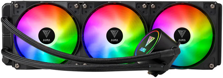 خنک کننده مایع RGB گامدیاس Aura GL360، صفحه پایه مسی، رادیاتور آلومینیومی، سرعت فن 2000 دور در دقیقه، جریان هوای 66.7 CFM، بلبرینگ هیدرولیک، لوله تفلون، روکش لوله بافته شده نایلونی، مشکی | GD-AURA-GL360