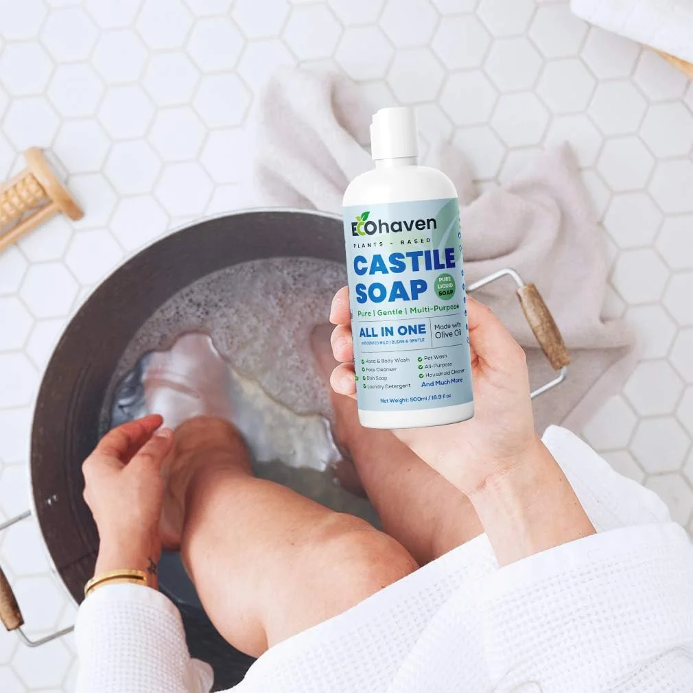صابون مایع کاستیل خالص و ارگانیک - 100% طبیعی، ساخته شده با روغن های ارگانیک، 18 کاربرد در 1: صورت، بدن، مو، لباسشویی، حیوانات خانگی و ظروف، غلیظ، وگان، غیر GMO، غیر سمی - 500 میلی لیتر