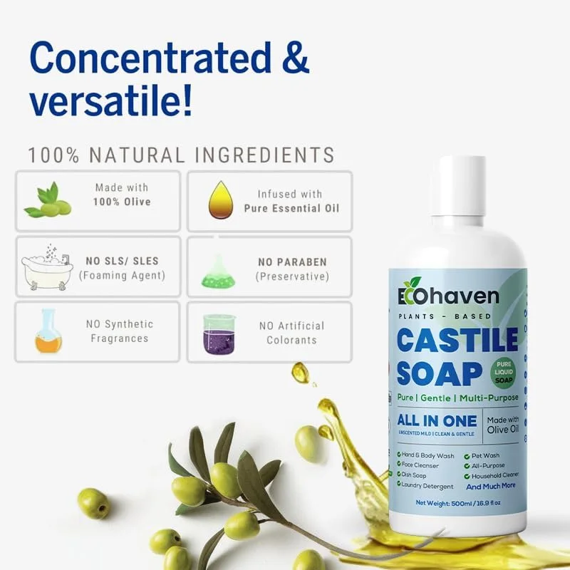 صابون مایع کاستیل خالص و ارگانیک - 100% طبیعی، ساخته شده با روغن های ارگانیک، 18 کاربرد در 1: صورت، بدن، مو، لباسشویی، حیوانات خانگی و ظروف، غلیظ، وگان، غیر GMO، غیر سمی - 500 میلی لیتر