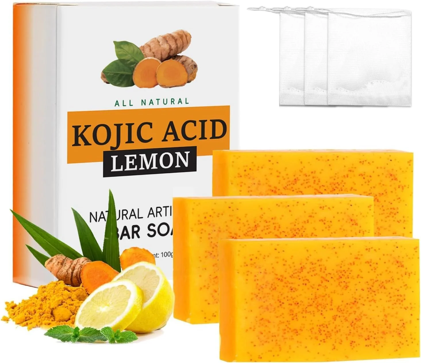 بسته 3 عددی صابون زردچوبه، صابون دست ساز طبیعی کوجیک اسید روشن کننده لکه های تیره، پاک کننده پوست صورت و بدن، زیر بغل، نواحی حساس، کاهش دهنده آکنه، محو کننده جای زخم و پاک کننده پوست