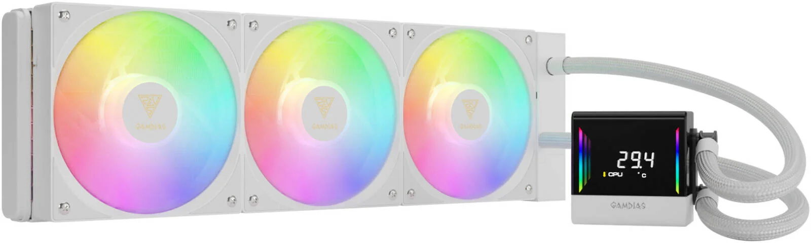 خنک کننده مایع GAMDIAS Chione E4-360، کیت های نصب جهانی پشتیبانی از LGA 1700 / AM5، جریان هوای 73.36 CFM، سرعت فن 800 - 1800 دور در دقیقه، فشار هوای 2.12 mmH2O، سفید | CHIONE E4-360