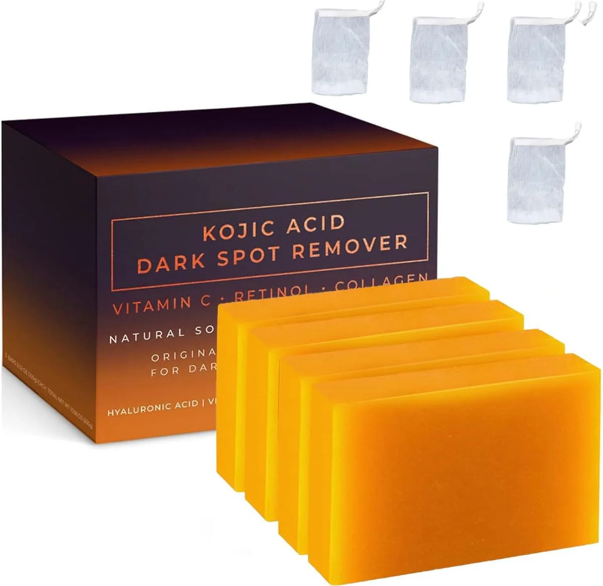 4 عدد صابون کوجیک اسید، صابون از بین برنده لکه های تیره کوجیک اسید، صابون کوجیک اسید زردچوبه حاوی ویتامین C، ویتامین E، رتینول، کلاژن، هیالورونیک اسید برای کاهش لکه های تیره (4 عدد)