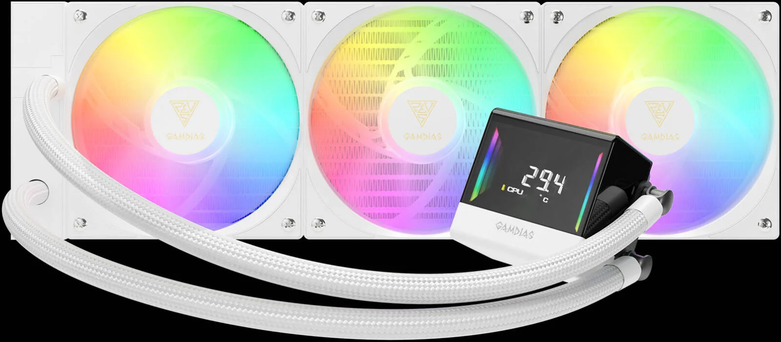 خنک کننده مایع GAMDIAS Chione E4-360، کیت های نصب جهانی پشتیبانی از LGA 1700 / AM5، جریان هوای 73.36 CFM، سرعت فن 800 - 1800 دور در دقیقه، فشار هوای 2.12 mmH2O، سفید | CHIONE E4-360