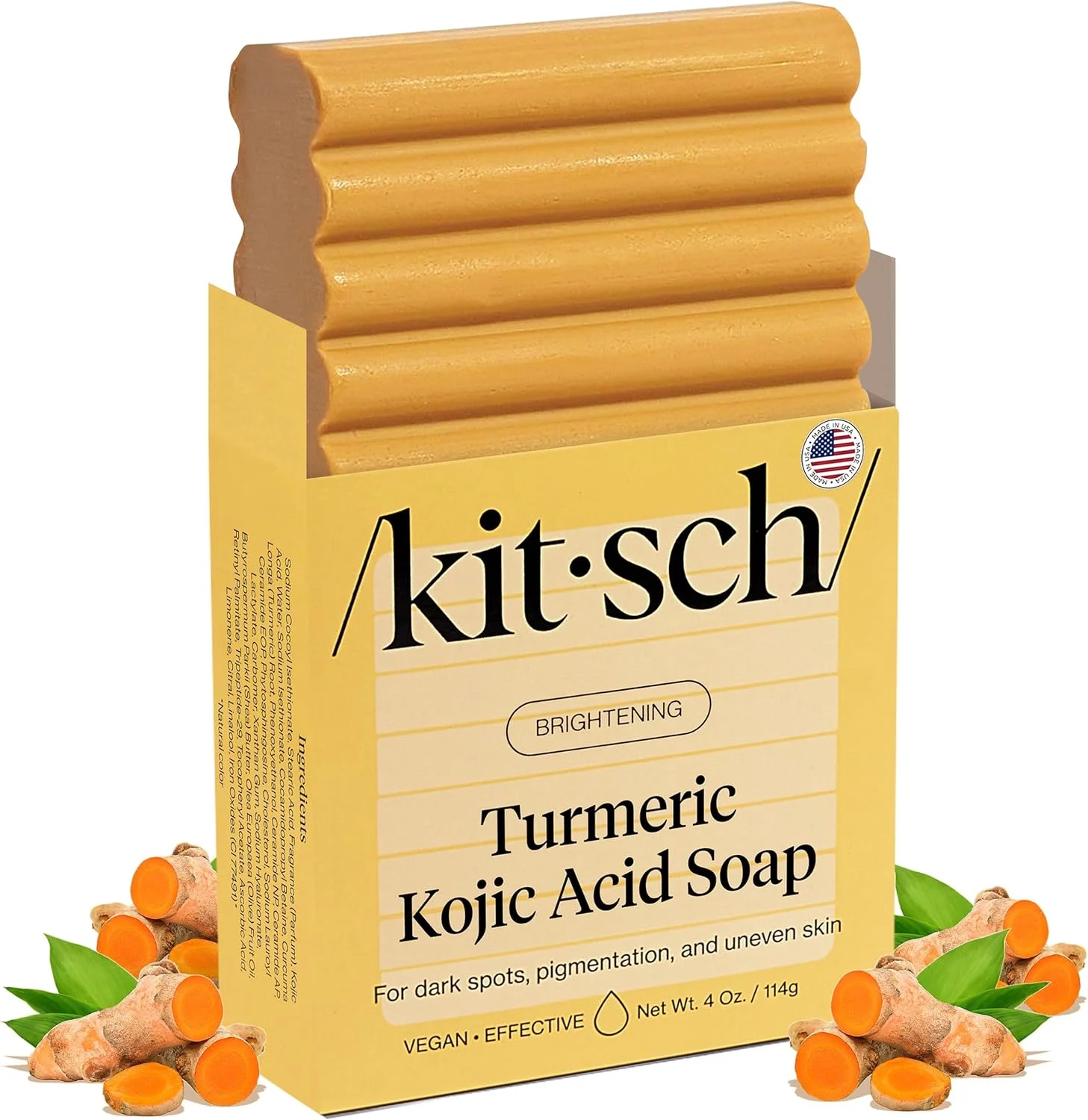 صابون کوجیک اسید کیچ - روشن کننده و آبرسان حاوی زردچوبه - کاهش لک های تیره، یکنواخت کننده رنگ پوست، حاوی هیالورونیک اسید و شی باتر، فاقد پارابن و سولفات - 113 گرم، ساخت آمریکا