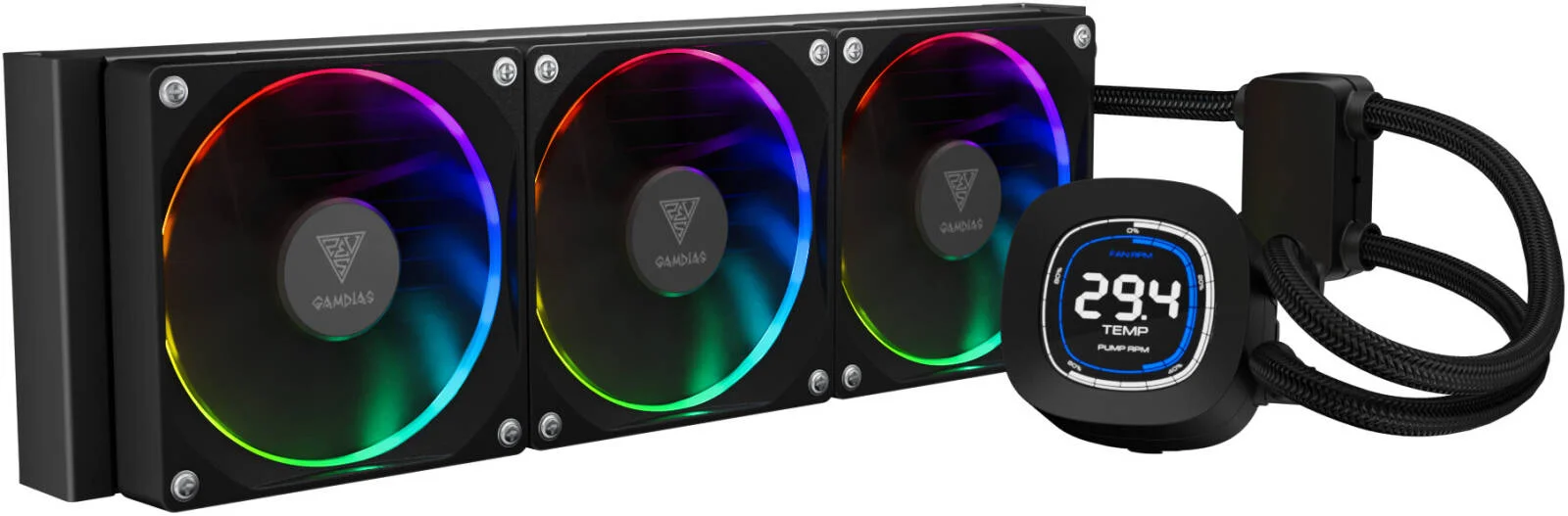 خنک کننده مایع پردازنده GAMDIAS Chione M4-360، نمایشگر LCD 2.1 اینچی، همگام سازی ARGB با مادربرد، فشار هوای 2.37 mmH2O، ولتاژ فن 12 ولت (فن) / 5 ولت (LED)، جریان هوای 69.01 CFM، مشکی | CHIONE M4-360