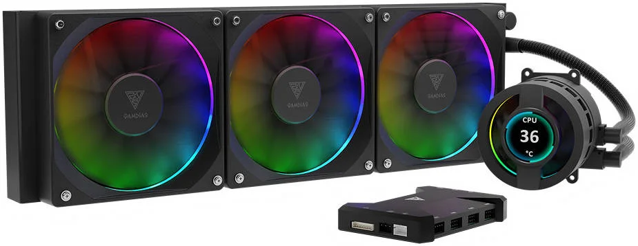 خنک کننده مایع گامدیاس Chione P3-360U، نمایشگر IPS LCD، پس زمینه PNG/GIF/JPG، رادیاتور 360 میلی متری، صفحه پایه مسی، سرعت فن 2000 دور در دقیقه، جریان هوای 69.01 CFM، بلبرینگ هیدرولیک، مشکی | GD-CHIONE-P3-360U