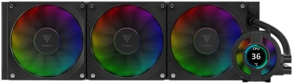 خنک کننده مایع گامدیاس Chione P3-360U، نمایشگر IPS LCD، پس زمینه PNG/GIF/JPG، رادیاتور 360 میلی متری، صفحه پایه مسی، سرعت فن 2000 دور در دقیقه، جریان هوای 69.01 CFM، بلبرینگ هیدرولیک، مشکی | GD-CHIONE-P3-360U
