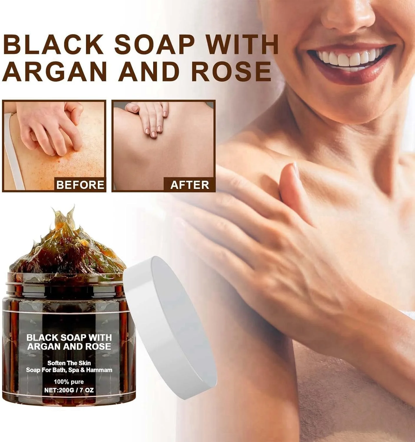صابون بلدی سیاه مراکشی، صابون سیاه مراکشی برای حمام اسپا، صابون سیاه لایه بردار طبیعی با آرگان، پاک کننده عمیق و مرطوب کننده برای صورت و بدن، مناسب برای انواع پوست