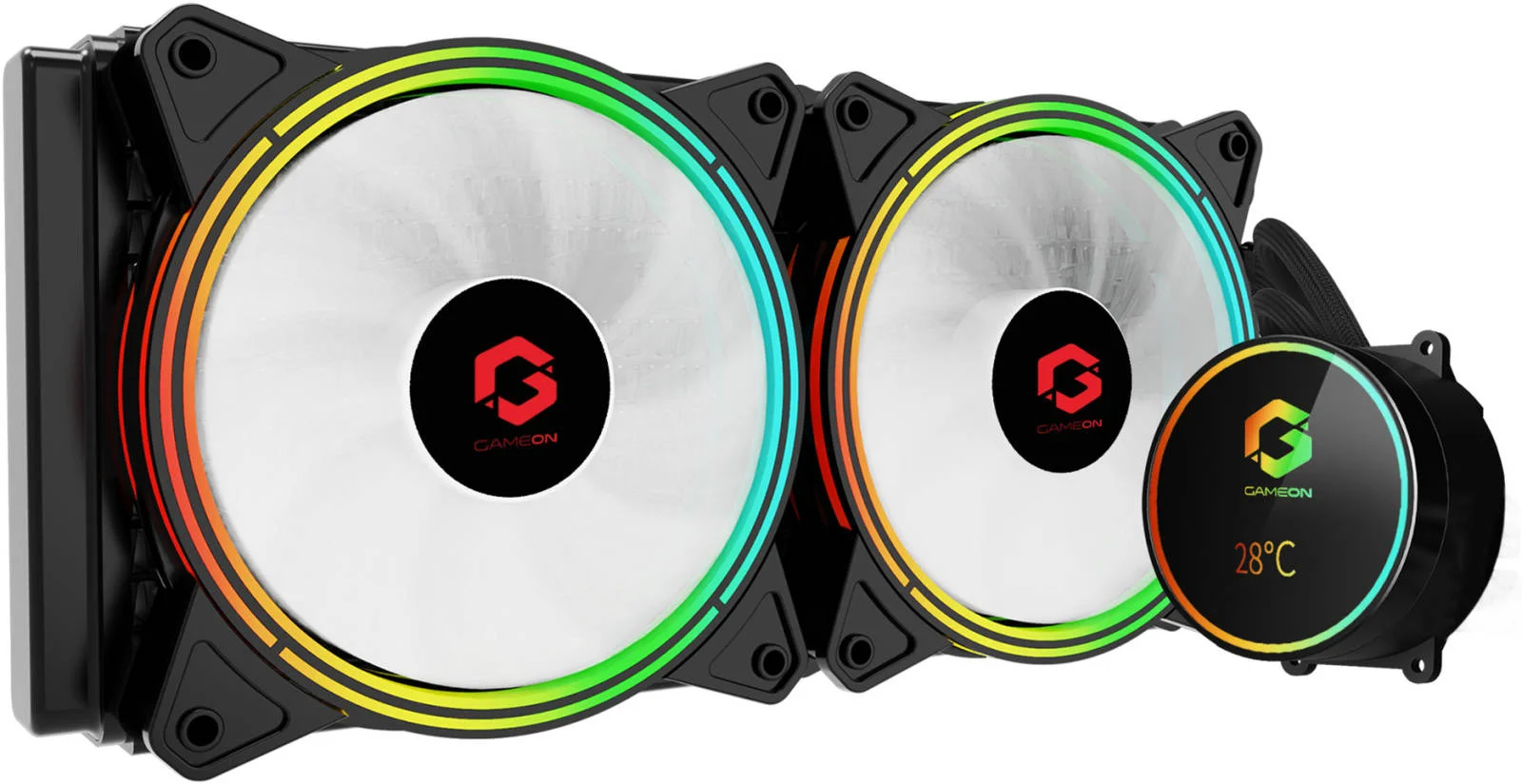 خنک کننده مایع پردازنده GameOn Kraken A380 240mm، 2 عدد فن 120mm RGB، سرعت فن 600 - 1800 دور در دقیقه، بلبرینگ تفنگی، نمایشگر دما، جنس آلومینیوم، مشکی | GO-240KRAKENA380B