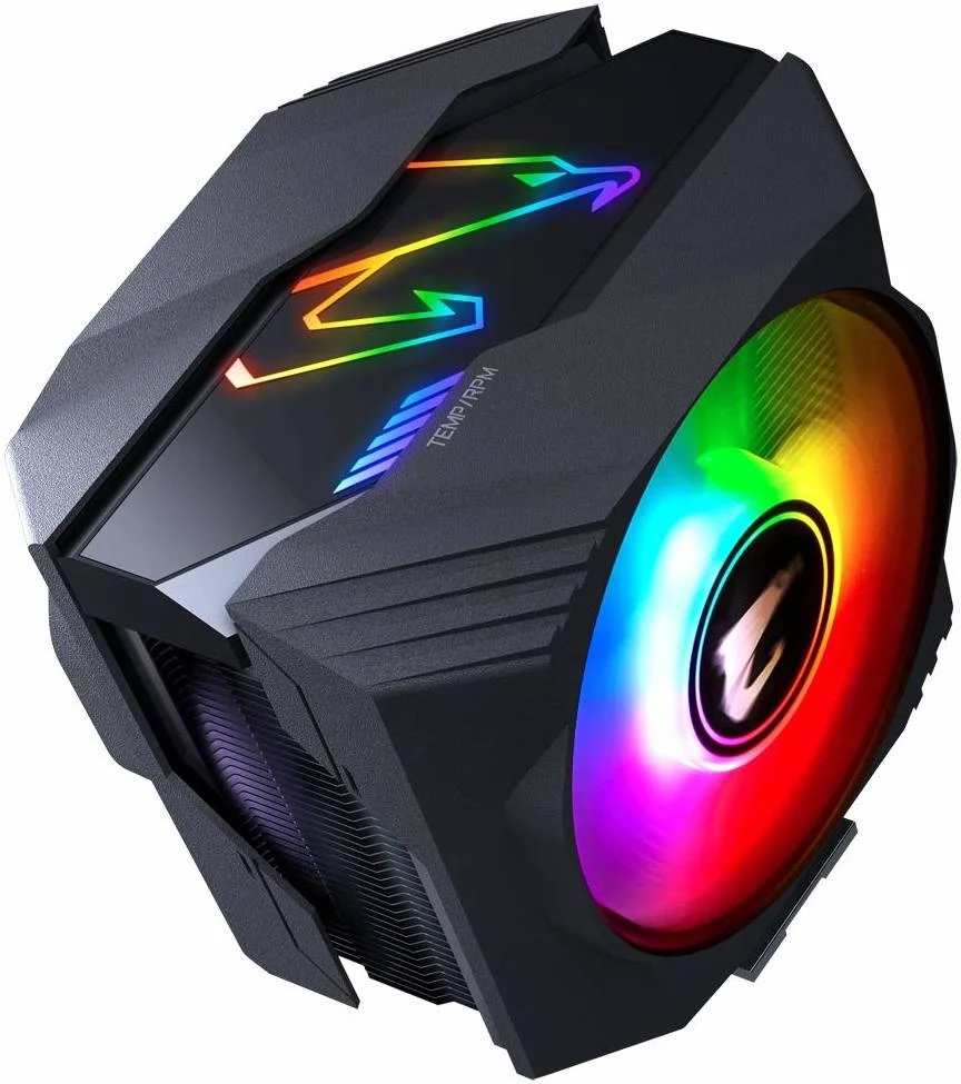 خنک کننده پردازنده بادی گیگابایت Aorus ATC800، دارای 6 لوله مسی 6 میلی‌متری با تماس مستقیم، 2 فن 12 سانتی‌متری RGB با بلبرینگ دوبل، به همراه کیت نصب LGA 1700، سرعت 600-2000 دور در دقیقه، ولتاژ 12، مشکی | ATC800