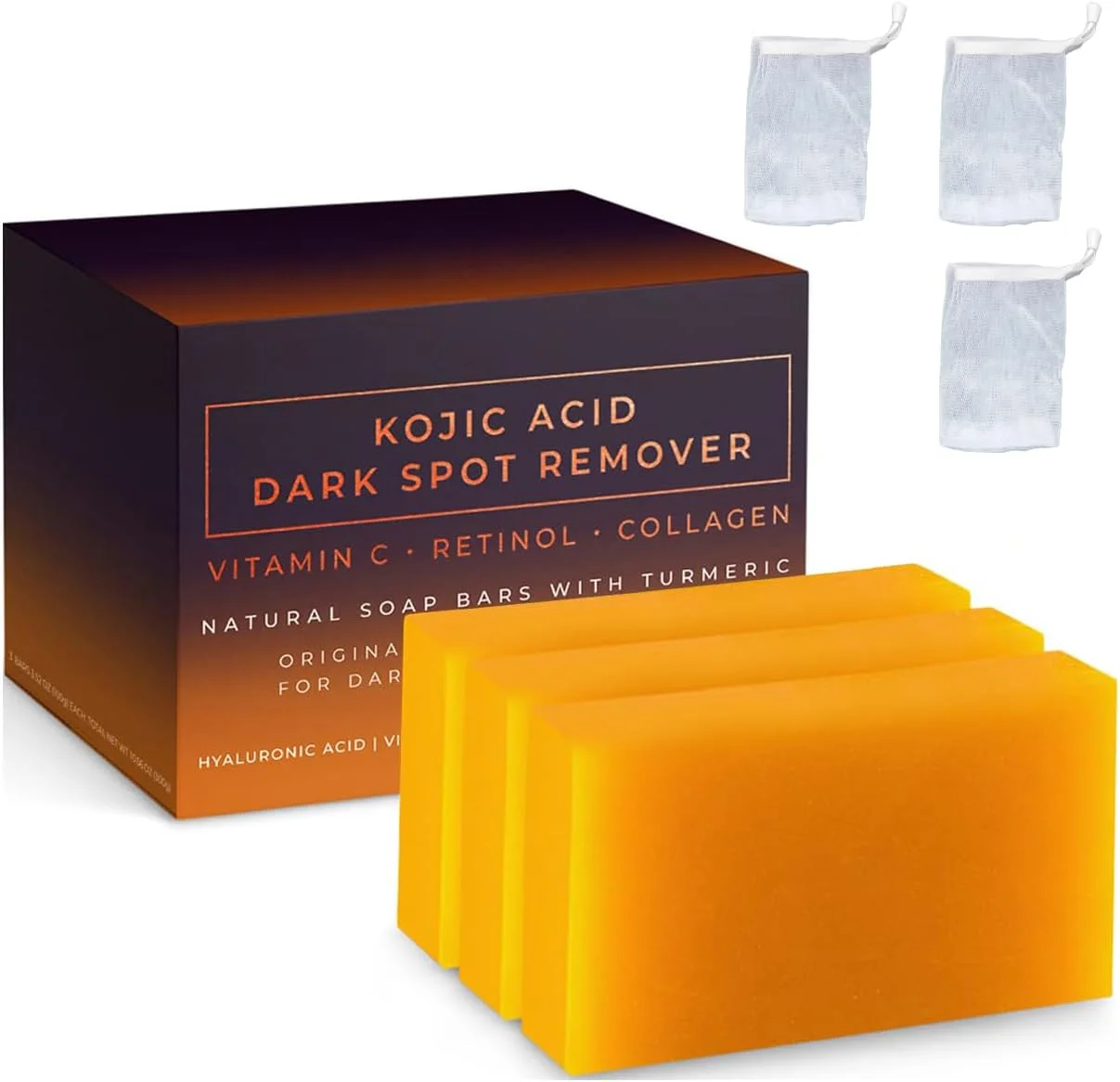 صابون زردچوبه و کوجیک اسید 3 عددی، صابون زردچوبه برای صورت و بدن، صابون از بین برنده لکه های تیره کوجیک اسید حاوی ویتامین C، رتینول، کلاژن، ویتامین E، شی باتر، زردچوبه و هیالورونیک اسید