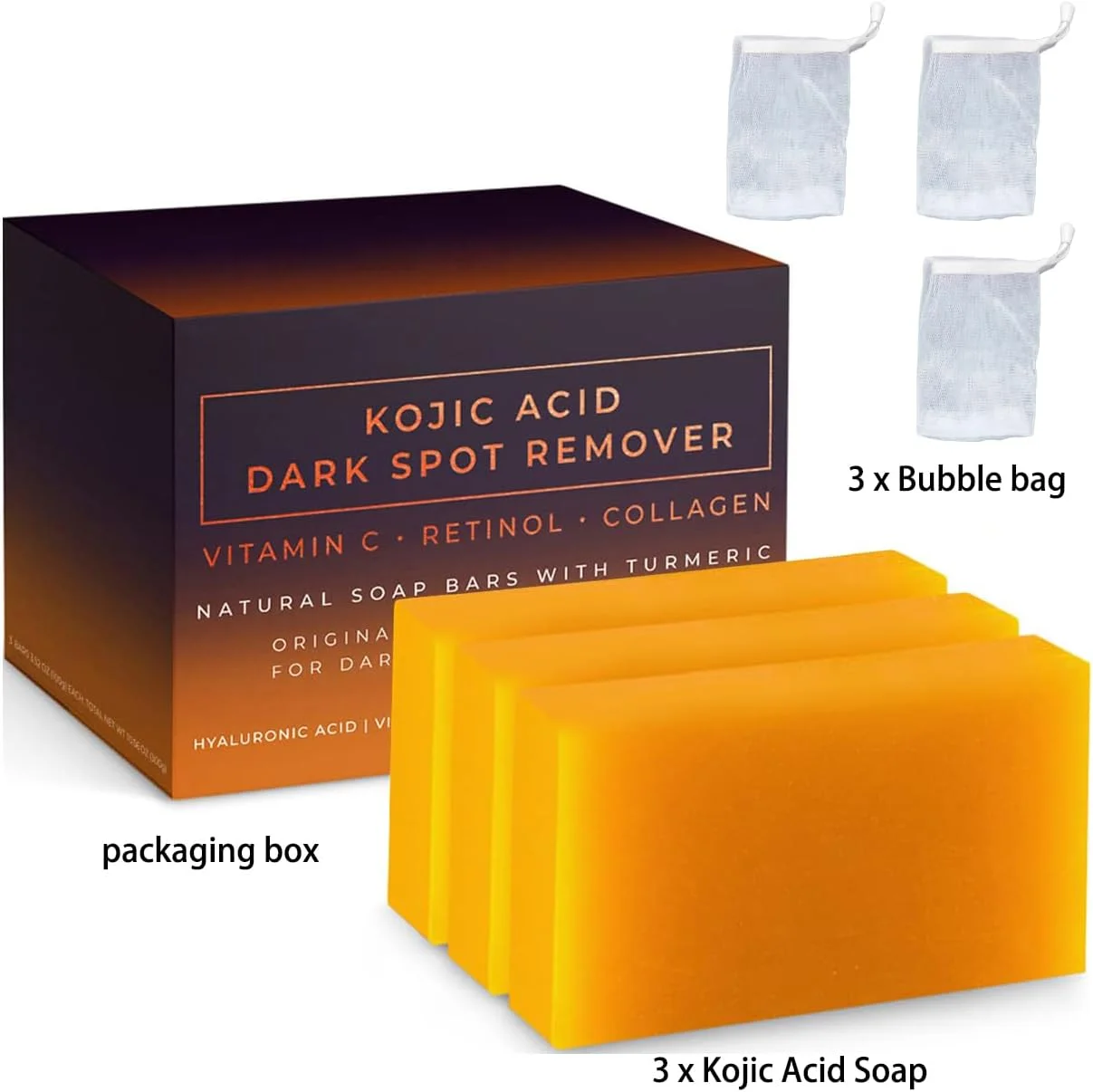 صابون زردچوبه و کوجیک اسید 3 عددی، صابون زردچوبه برای صورت و بدن، صابون از بین برنده لکه های تیره کوجیک اسید حاوی ویتامین C، رتینول، کلاژن، ویتامین E، شی باتر، زردچوبه و هیالورونیک اسید