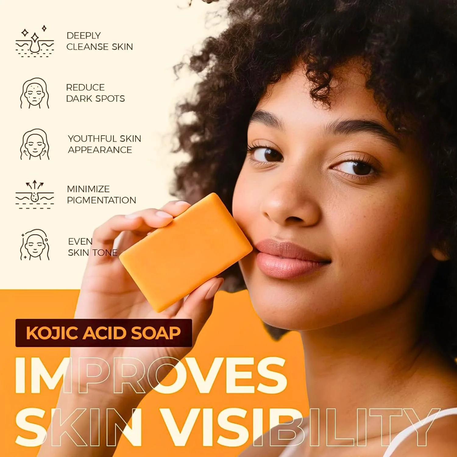 صابون کوجیک اسید، صابون کوجیک اسید زردچوبه هیالورونیک اسید با ویتامین C، رتینول، کلاژن، صابون های زردچوبه از بین برنده لکه های تیره صورت، غنی شده با ویتامین E، شی باتر، روغن زیتون کاستیل، 1 عدد