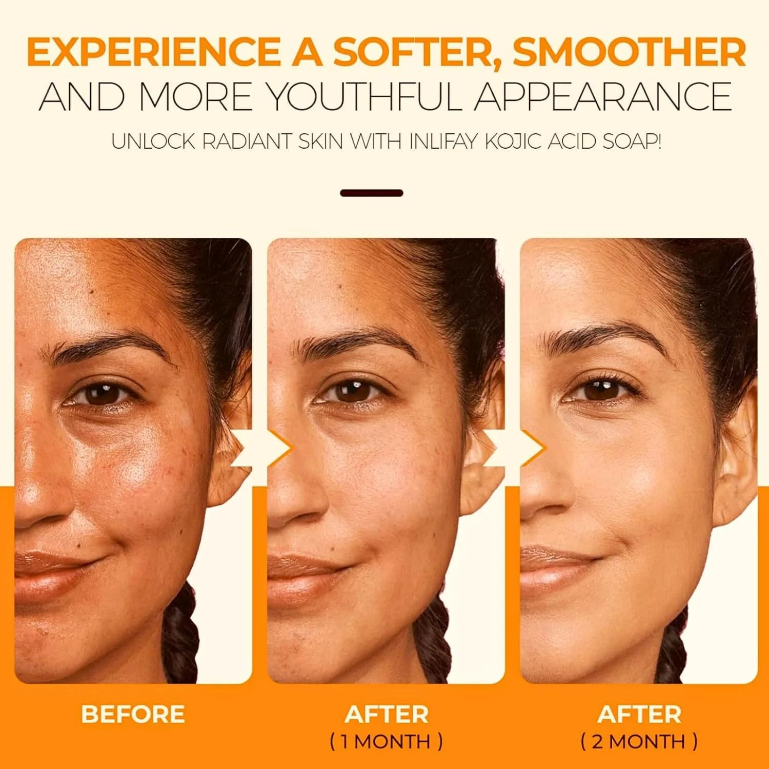 صابون کوجیک اسید، صابون کوجیک اسید زردچوبه هیالورونیک اسید با ویتامین C، رتینول، کلاژن، صابون های زردچوبه از بین برنده لکه های تیره صورت، غنی شده با ویتامین E، شی باتر، روغن زیتون کاستیل، 1 عدد