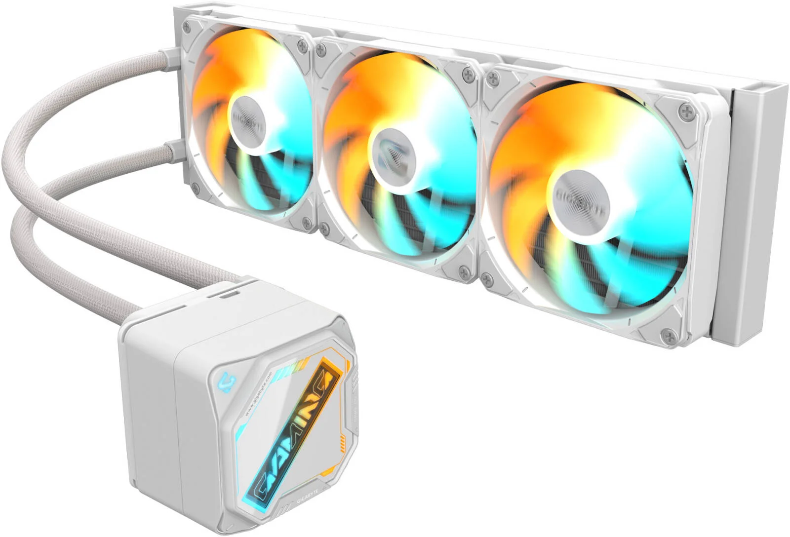 خنک کننده مایع پردازنده GIGABYTE Gaming 360 Ice، رادیاتور 360 میلی متری، 3 عدد فن ARGB 120 میلی متری، سرعت فن 2200 دور در دقیقه، حداکثر جریان هوای 61.61 CFM، لوله FEP با روکش نایلونی، سفید | GME-360I