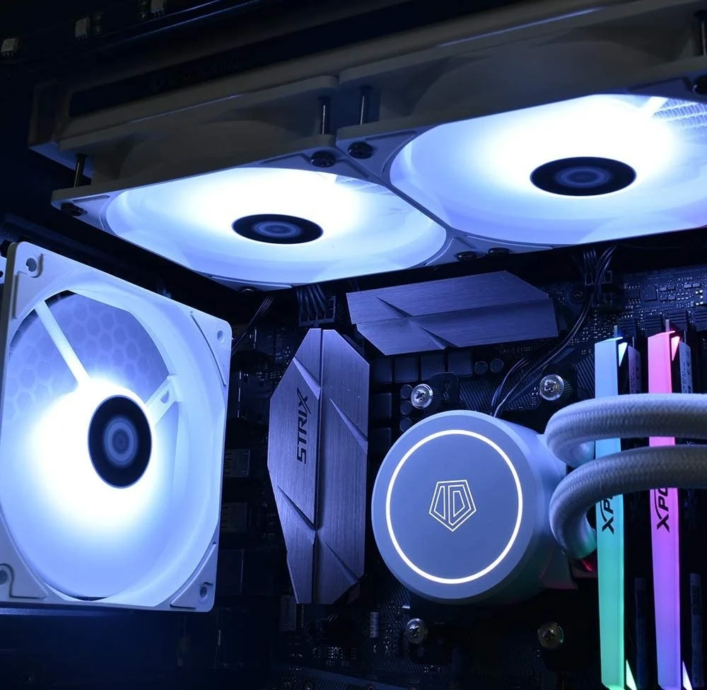 خنک کننده مایع پردازنده ID-COOLING AURAFLOW X 240 Snow، خنک کننده AIO RGB 12 ولت، رادیاتور 240 میلی متری، فن RGB 2X120 میلی متری، سازگار با Intel 115X/2066 و AMD TR4/AM4 | AURAFLOW X 240 SNOW