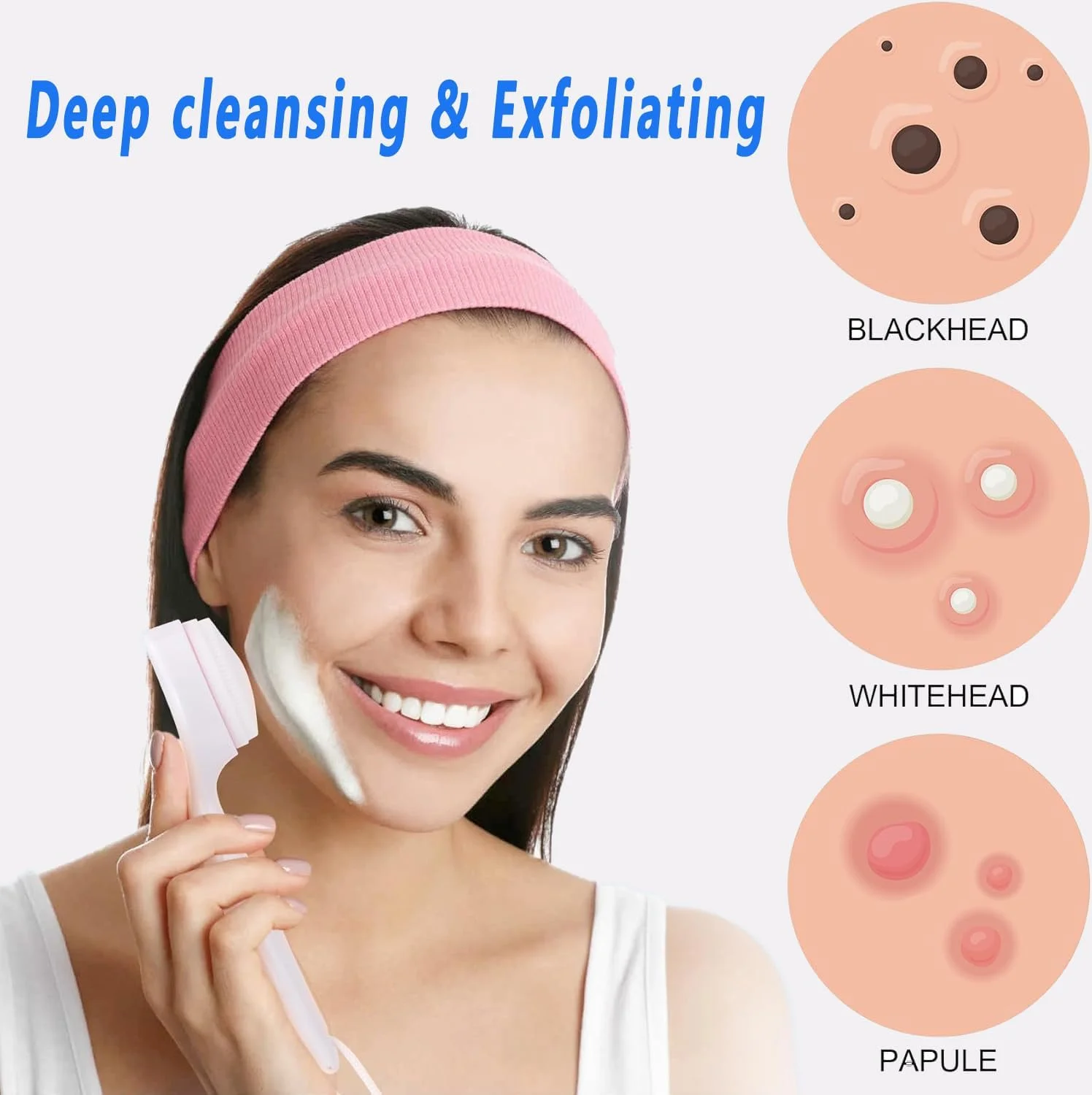 برس پاک کننده دستی صورت سیلیکونی، اسکرابر پاک کننده و لایه بردار صورت با دسته بلند، ضد آب و سازگار با پوست برای از بین بردن جوش های سرسیاه و بقایای آرایش (سفید)
