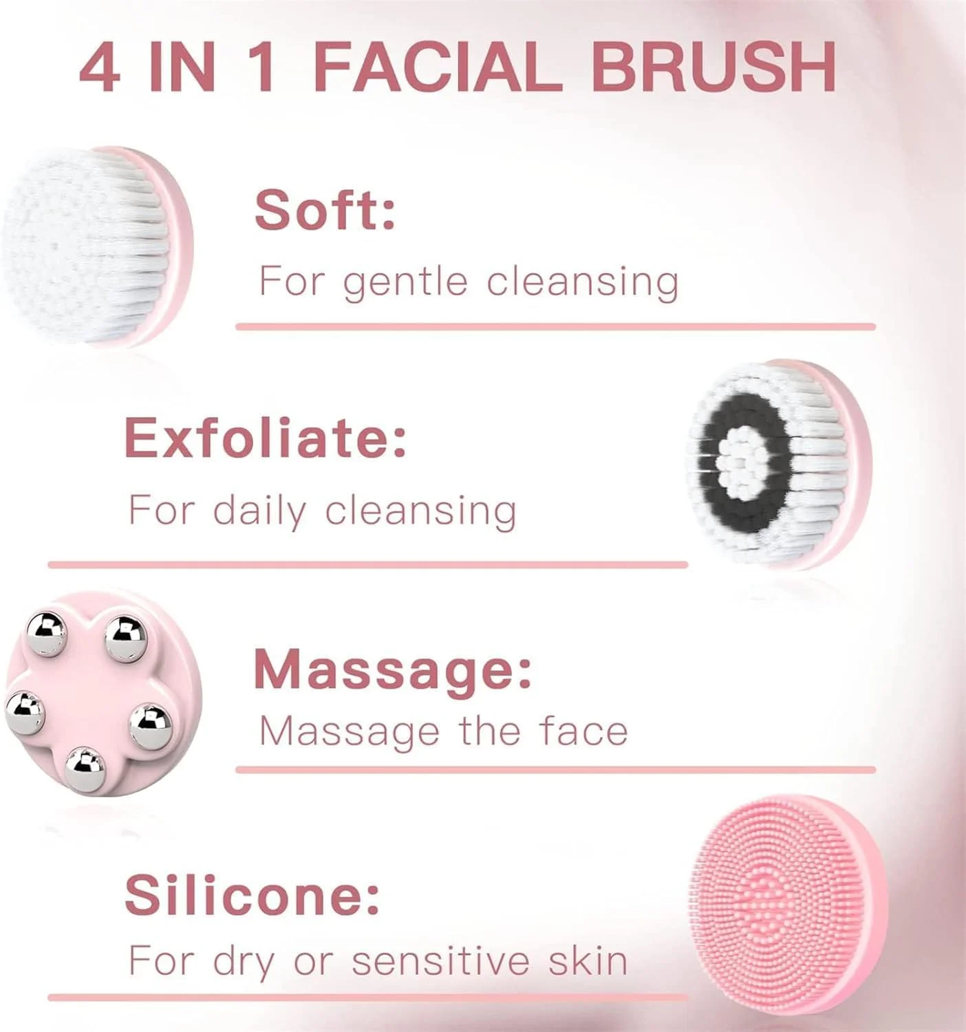 برس پاک کننده صورت، برس پاک کننده صورت برقی 4 در 1، برس پاک کننده صورت قابل شارژ برای لایه برداری ملایم، پاکسازی عمیق و ماساژ صورت