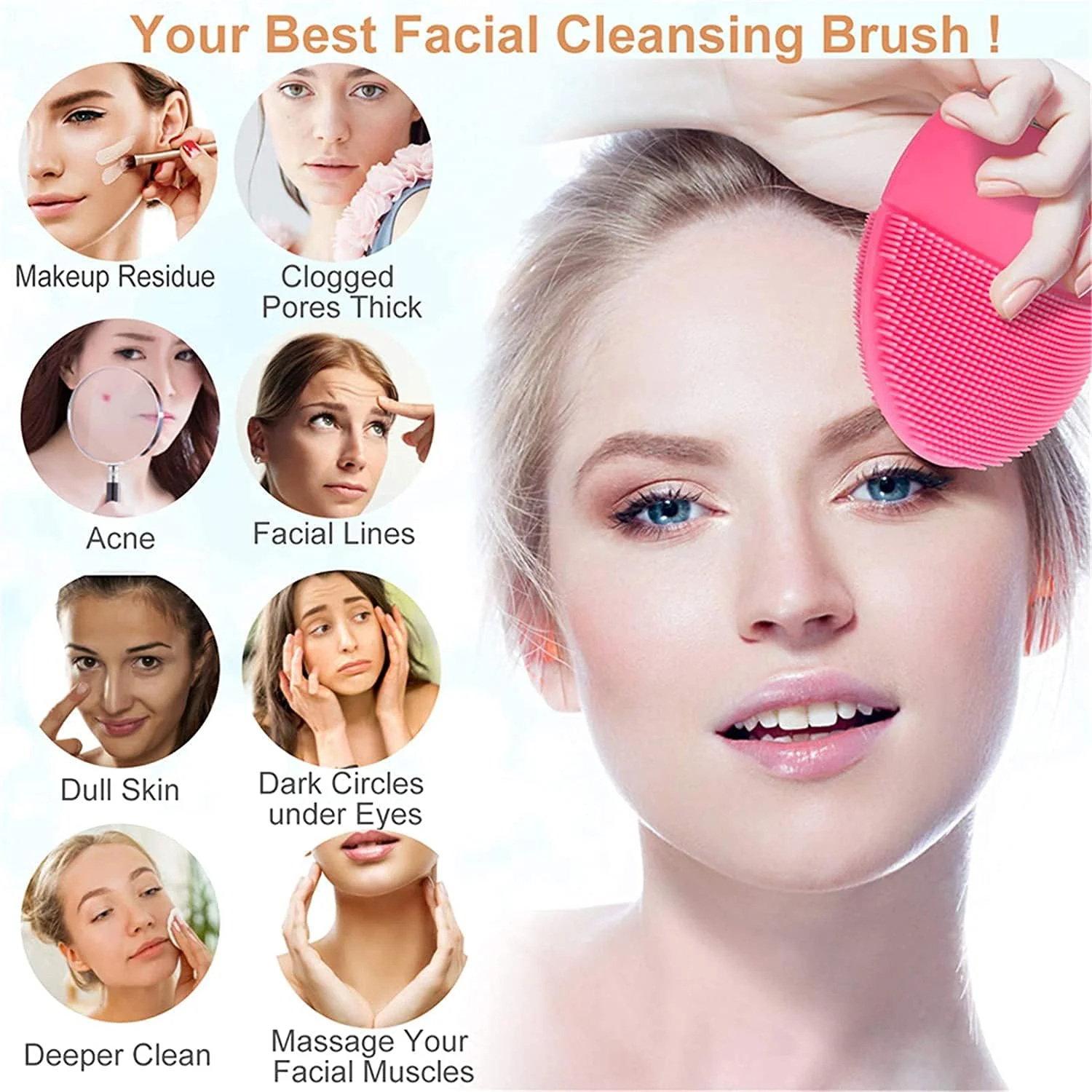 برس پاک کننده صورت و ماساژور صورت، سیلیکونی، التراسونیک، ویبره، ضد آب، قابل شارژ و الکتریکی، 1 عدد