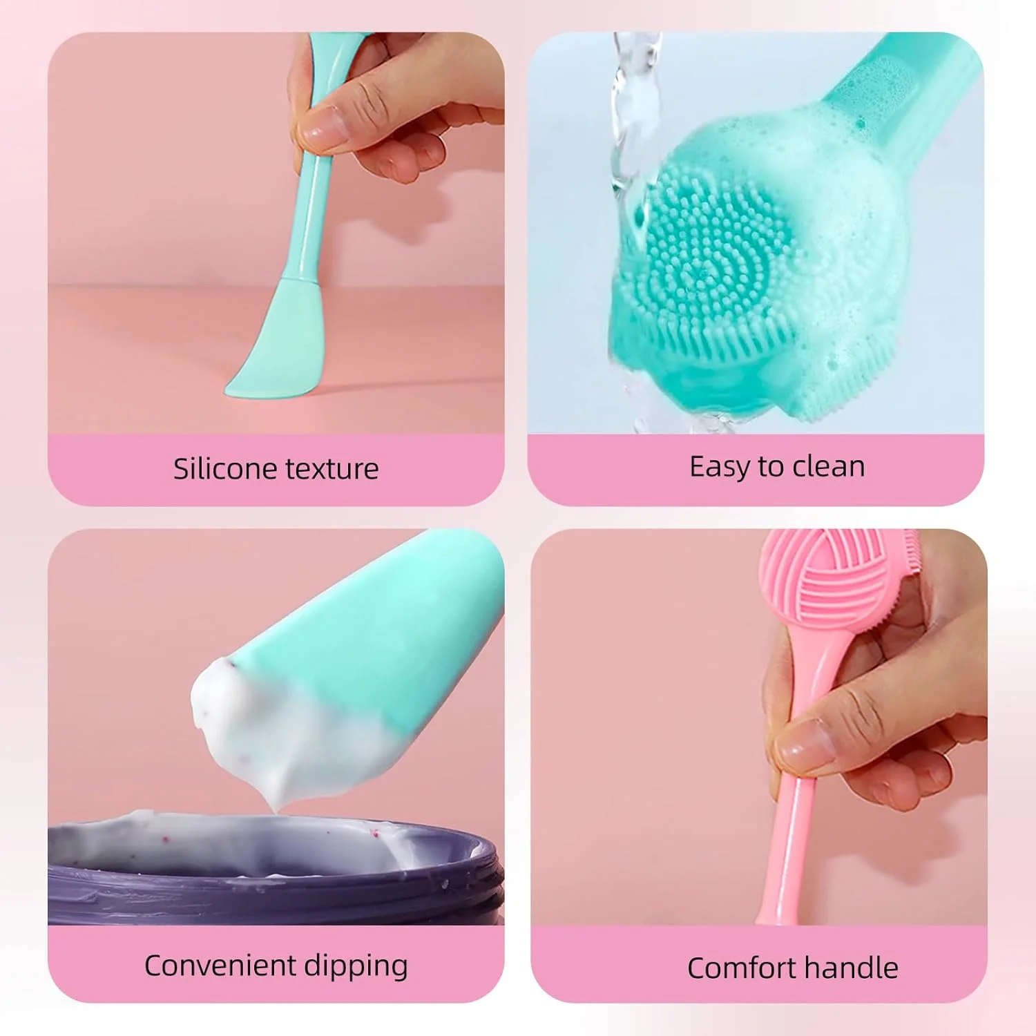 برس پاک کننده صورت 2 عددی، برس پاک کننده دستی دو سر، برس ماسک صورت، برس سیلیکونی چند منظوره، برس صورت برای لایه برداری ملایم، پاکسازی عمیق، پاک کردن آرایش، ماساژ