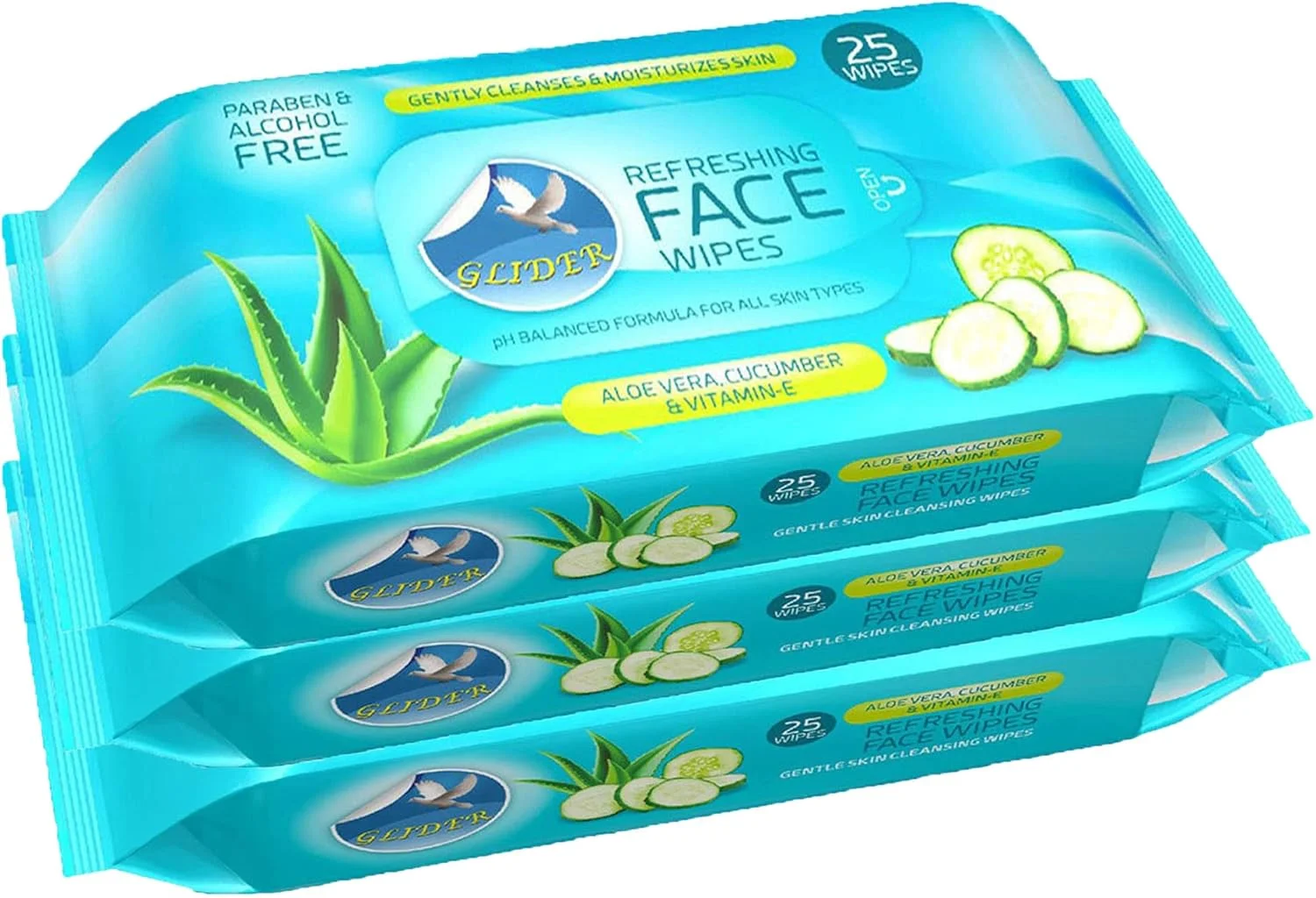 دستمال مرطوب پاک کننده صورت گلایدر | دستمال مرطوب آبرسان و مرطوب کننده صورت با خیار، آلوئه ورا و ویتامین ای | 75 عدد (بسته 3 عددی)