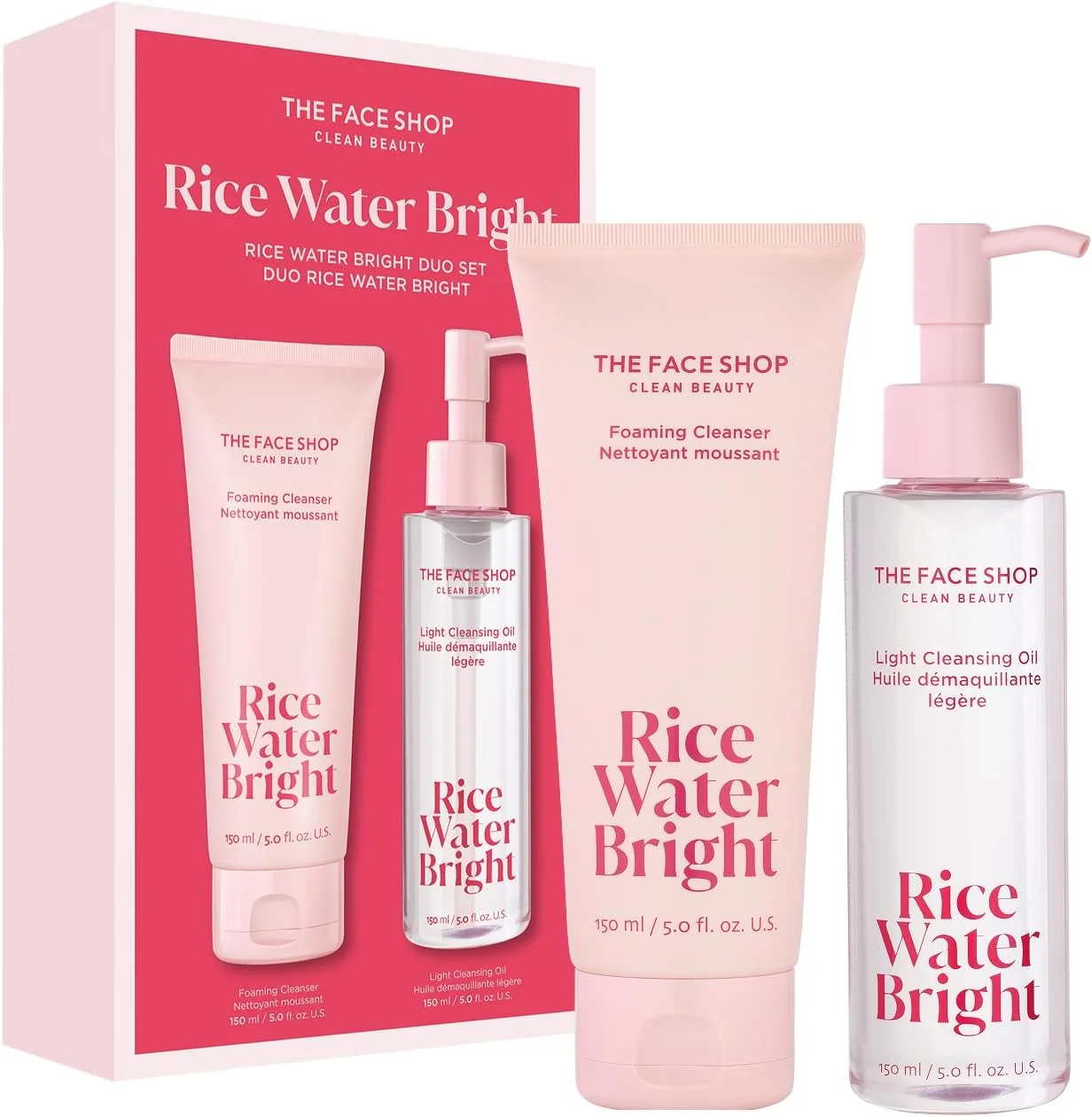 مجموعه دوگانه پاک کننده صورت برنج The Face Shop، حاوی سرامید، مراقبت از پوست کره ای، شستشوی ملایم صورت و روغن پاک کننده کنترل کننده منافذ، آبرسان، مرطوب کننده، پاک کننده صورت وگان، پاک کننده آرایش