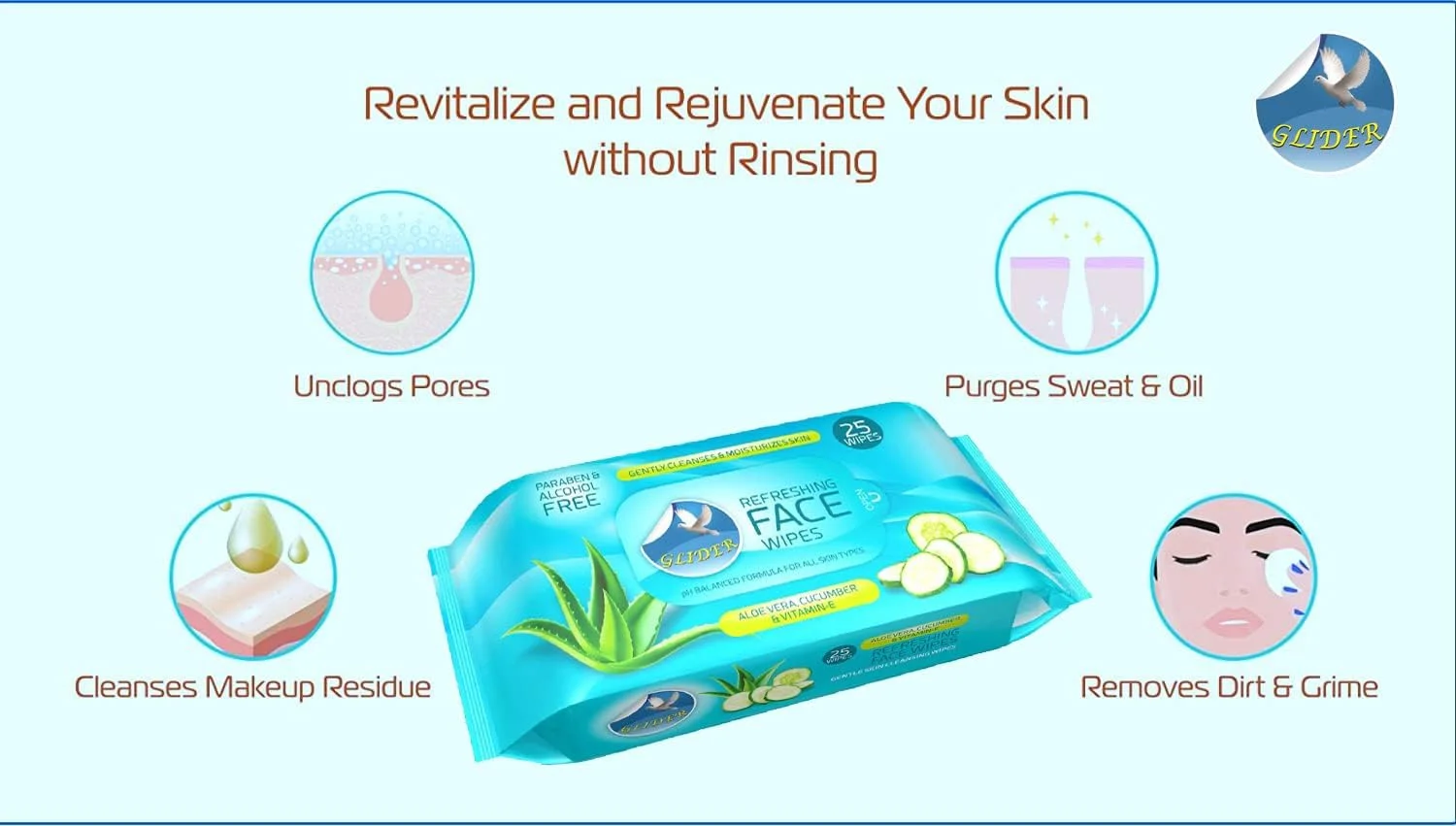 دستمال مرطوب پاک کننده صورت گلایدر | دستمال مرطوب آبرسان و مرطوب کننده صورت با خیار، آلوئه ورا و ویتامین ای | 75 عدد (بسته 3 عددی)