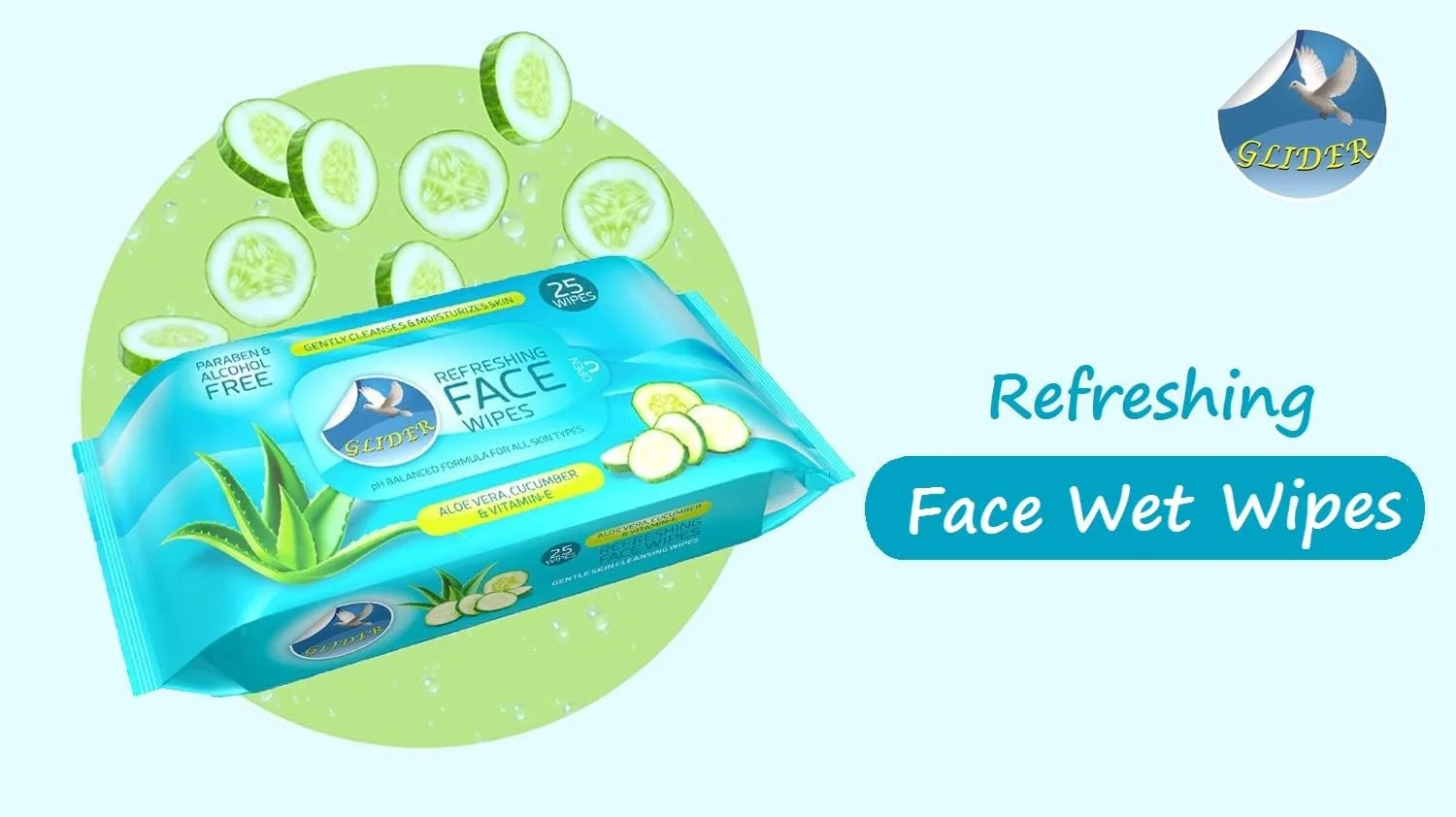 دستمال مرطوب پاک کننده صورت گلایدر | دستمال مرطوب آبرسان و مرطوب کننده صورت با خیار، آلوئه ورا و ویتامین ای | 75 عدد (بسته 3 عددی)