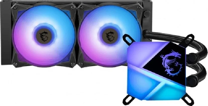 خنک کننده مایع پردازنده MSI Mag CoreLiquid C240 240mm ARGB، سرعت فن 500 - 2000 دور در دقیقه، ولتاژ نامی 12 ولت DC، بلبرینگ دوتایی، جریان هوای 78.73 CFM، سطح نویز 14.3 - 34.3 dBA، 2 فن، مشکی | 306-7ZW2R11-813