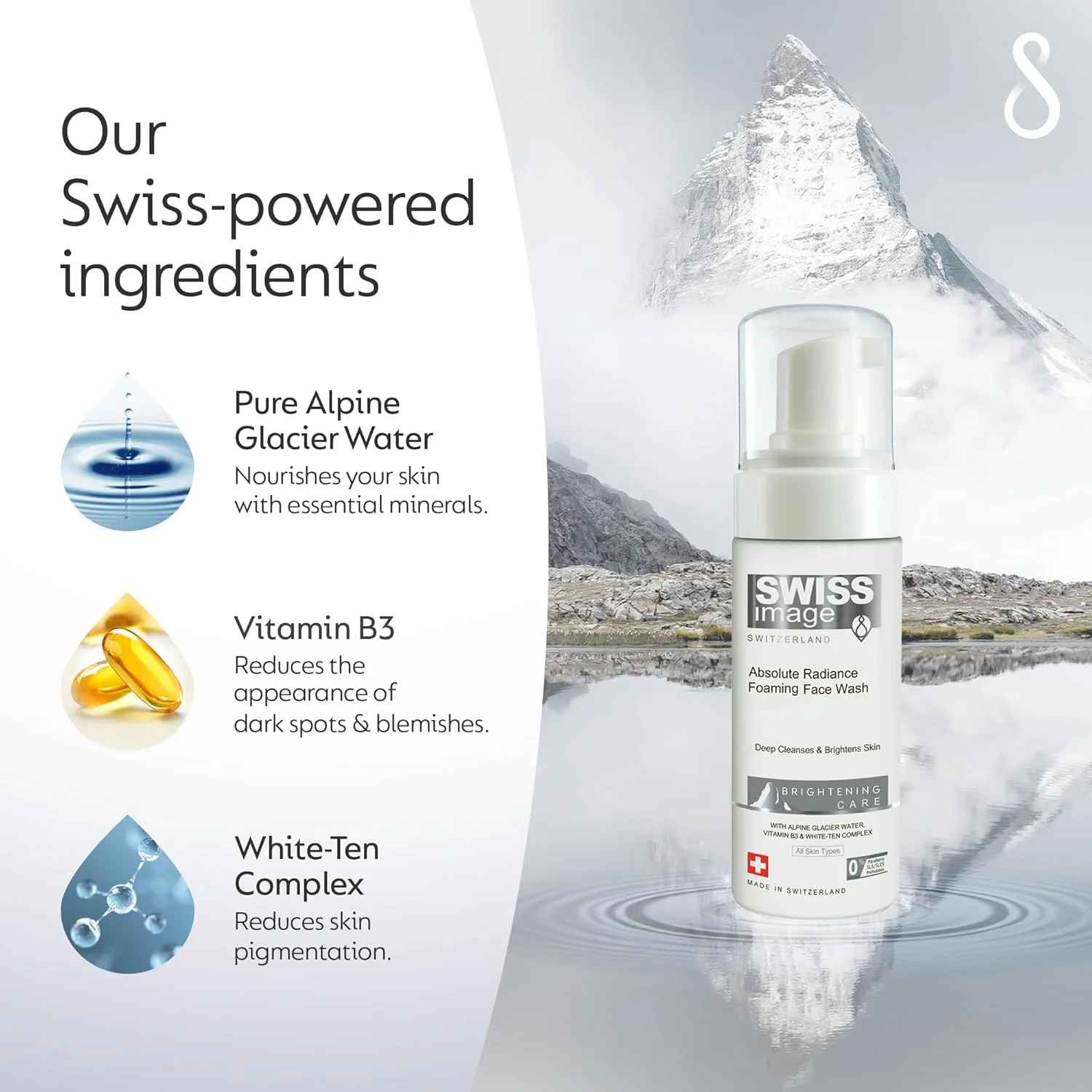 فوم شستشوی صورت روشن کننده Swiss Image حاوی نیاسینامید 150 میلی لیتر | کاهش لکه های تیره و رنگدانه ها برای یکدست کردن رنگ پوست | پاک کننده عمیق، طراوت بخش و روشن کننده | مناسب انواع پوست | آقایان و بانوان | ساخت سوئیس