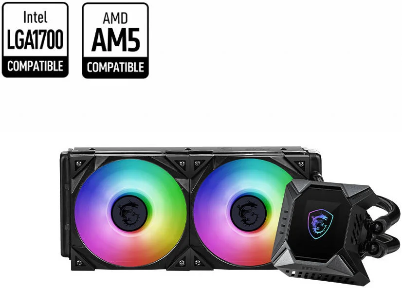 خنک کننده مایع پردازنده مرکزی MSI MPG Coreliquid K240 V2 AIO، رادیاتور 240 میلی متری با صفحه نمایش LCD 2.4 اینچی، فن دو بلبرینگ، نورپردازی ARGB قابل کنترل، سرعت 0-2500 دور در دقیقه، جریان هوای 77.4CFM، مشکی | 9S6-6A0311-038