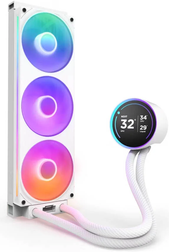 خنک کننده مایع پردازنده NZXT Kraken Elite 360 RGB (2024) AIO، رادیاتور 360 میلی‌متری، نمایشگر 2.72 اینچی IPS 60 هرتز LCD، فن F360 RGB Core، جریان هوای 75.12 CFM، سرعت فن 2400 RPM، بلبرینگ Fluid Dynamic، سفید | RL-KR36E-W2