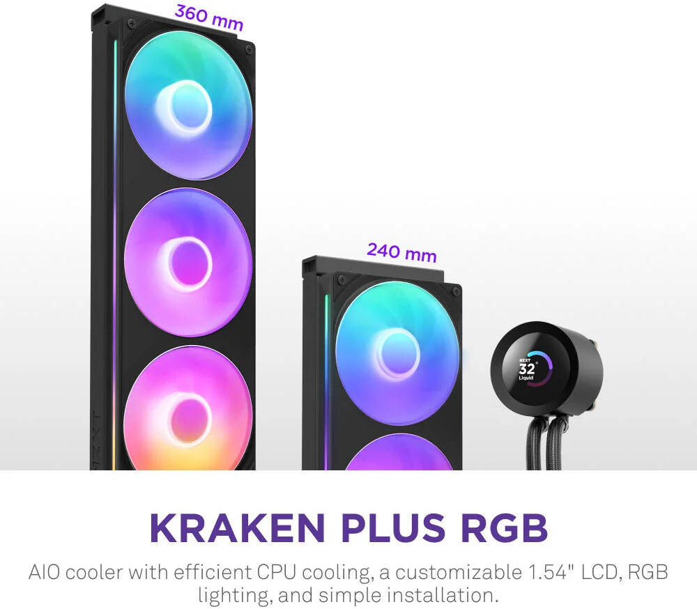خنک کننده مایع پردازنده NZXT Kraken Plus 240 RGB، TFT انتقالی 1.54 اینچی، پنل رنگی 262K، رادیاتور 240 میلی متری، فن های F240، سرعت فن 2400 دور در دقیقه، جریان هوای فن 75.05 CFM، مشکی | RL-KR240-B2