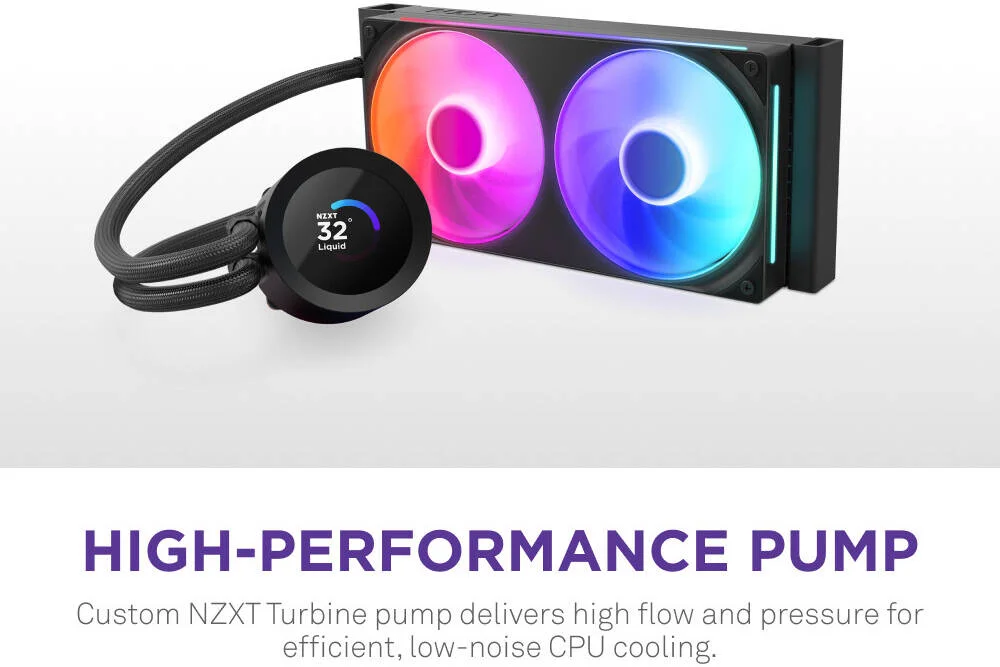 خنک کننده مایع پردازنده NZXT Kraken Plus 240 RGB، TFT انتقالی 1.54 اینچی، پنل رنگی 262K، رادیاتور 240 میلی متری، فن های F240، سرعت فن 2400 دور در دقیقه، جریان هوای فن 75.05 CFM، مشکی | RL-KR240-B2