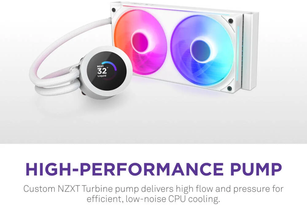 خنک کننده مایع پردازنده NZXT Kraken Plus 240 RGB، TFT انتقالی 1.54 اینچی، پنل رنگی 262K، رادیاتور 240 میلی متری، فن های F240، سرعت فن 2400 دور در دقیقه، جریان هوای فن 75.05 CFM، سفید | RL-KR240-W2