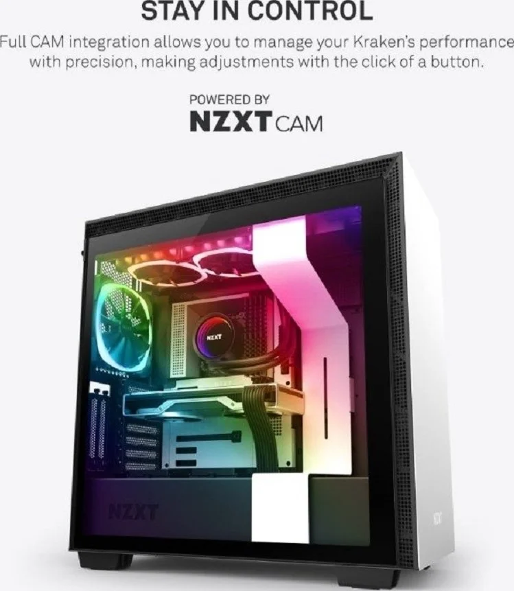 خنک کننده پردازنده مایع NZXT Kraken X53، نورپردازی RGB، Intel/AMD، 240mm، 2x120mm فن RGB PWM، کنترل CAM، سفید RGB | RL-KRX53-RW