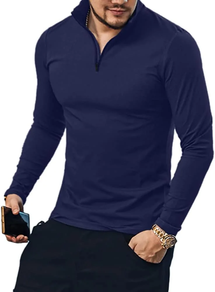 تی شرت آستین بلند/کوتاه مردانه YTD، یقه زیپ دار، مدل جذب، یقه ایستاده، طراحی ساده، جنس پنبه