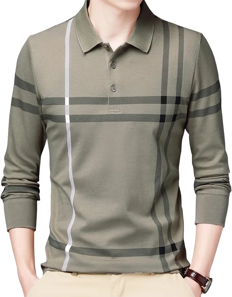 تی شرت آستین بلند مردانه یقه دار راه راه نخی