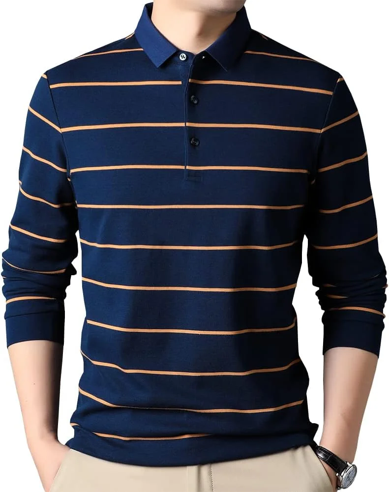 تی شرت آستین بلند یقه دار مردانه، طرح راه راه، مدل اسلیم فیت، جنس پنبه