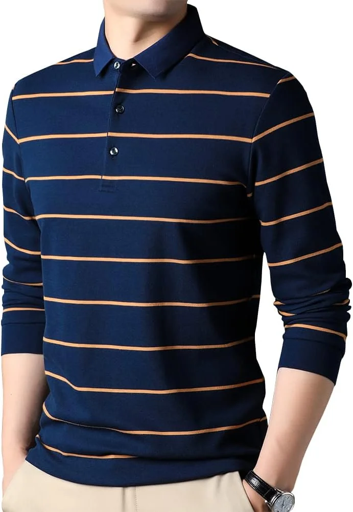 تی شرت آستین بلند یقه دار مردانه، طرح راه راه، مدل اسلیم فیت، جنس پنبه