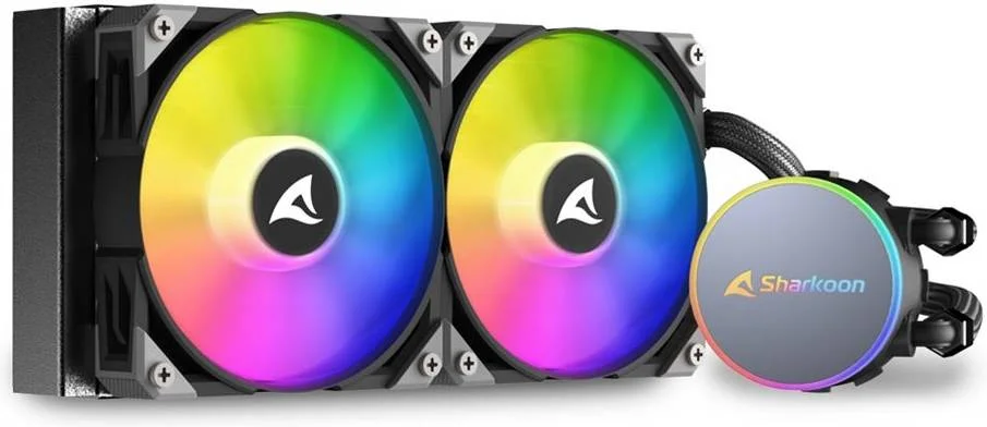 خنک کننده مایع پردازنده Sharkoon S70 RGB 240mm AIO، فن های 120mm RGB PWM آدرس پذیر، سرعت فن 600 ~ 2000 دور در دقیقه، جریان هوای 77.7 CFM، 12x LED RGB آدرس پذیر، LGA 1700 / AM5، مشکی | 4044951037995