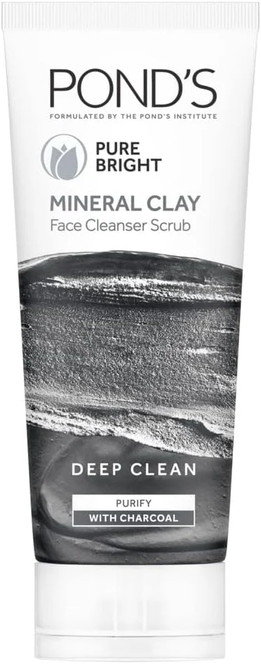 اسکراب پاک کننده صورت خاک رسی معدنی POND'S Pure Bright، شستشوی صورت با خاک رس مراکشی 100% طبیعی، پاکسازی و تمیزکنندگی عمیق با زغال فعال و نیاسینامید، 90 گرم